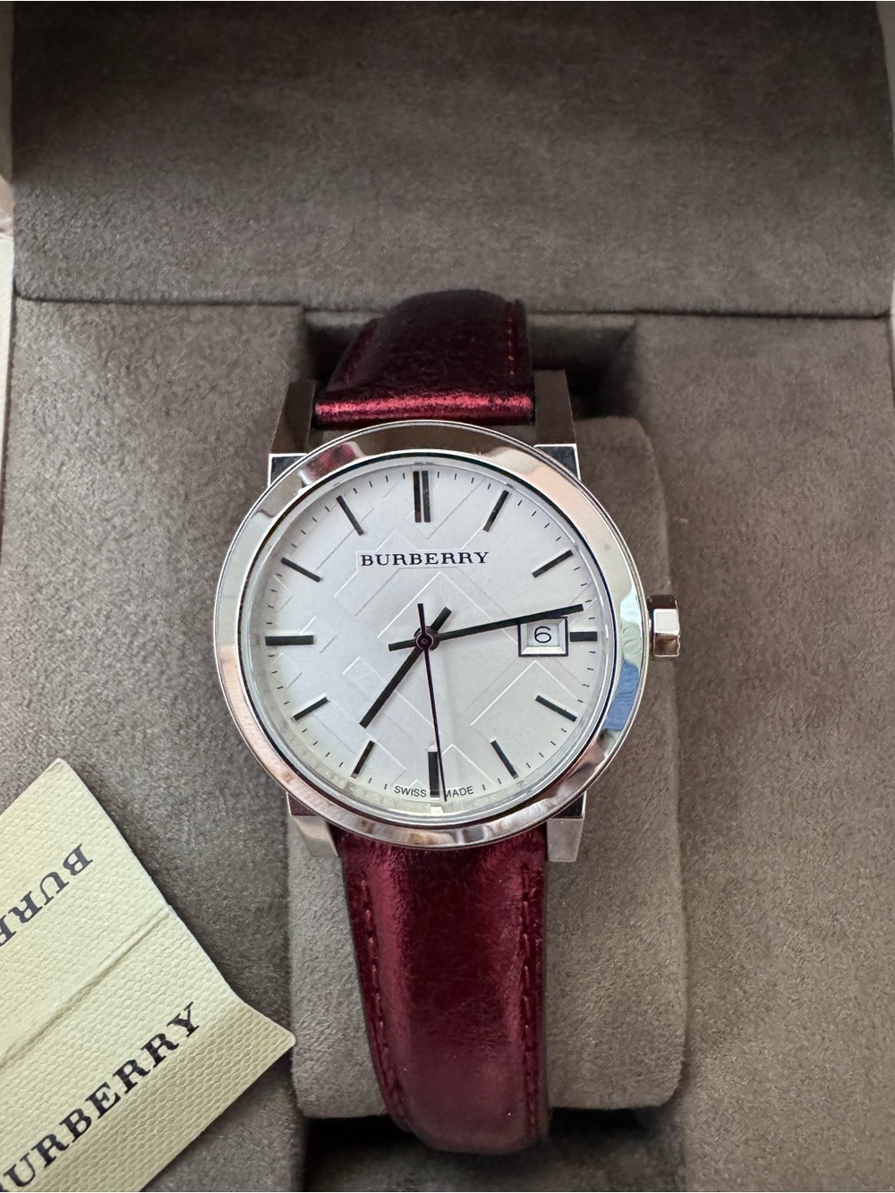 Burberry Silver Dial Watch with Burgundy Leather Strap